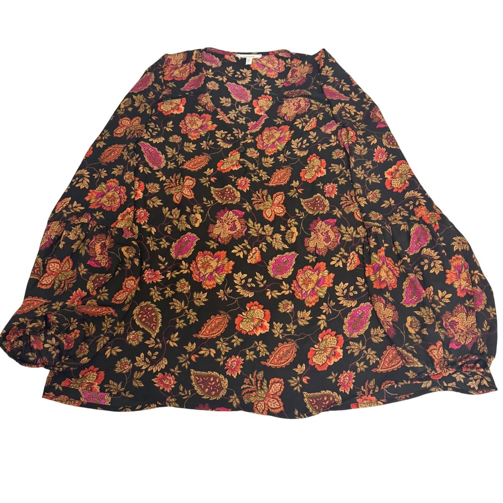 Maurices Womens Large Floral Paisley V-Neck Balloon Sleeve Peasant Blouse Black